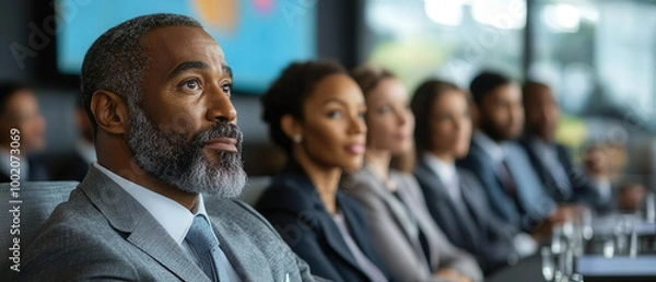 Fototapeta diverse team of business professionals engaged in meeting, showcasing focus and collaboration. atmosphere reflects determination and teamwork in corporate setting