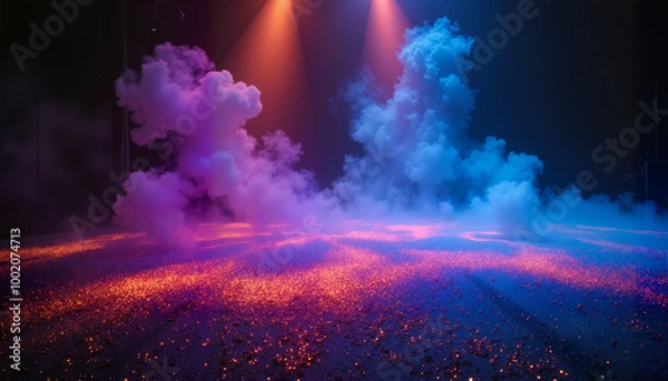 Fototapeta Atmospheric stage lights with clouds and glowing embers, surreal effect in blue and pink tones