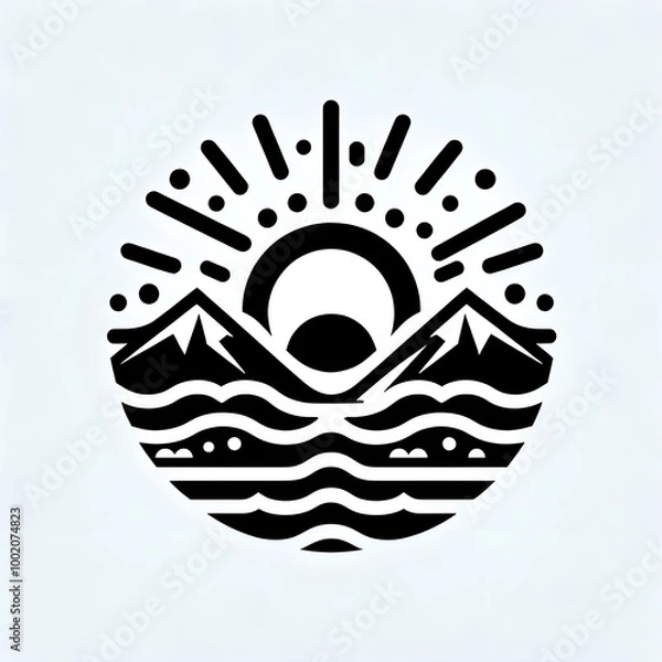 Obraz Sun with Mountain Icon Isolated in White Background. Sun Logo Symbol Vector Design for Graphic Resources