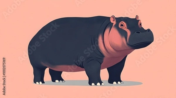 Fototapeta A cartoon depiction of a cute hippo, showcasing its distinctive features against a soft pink background.