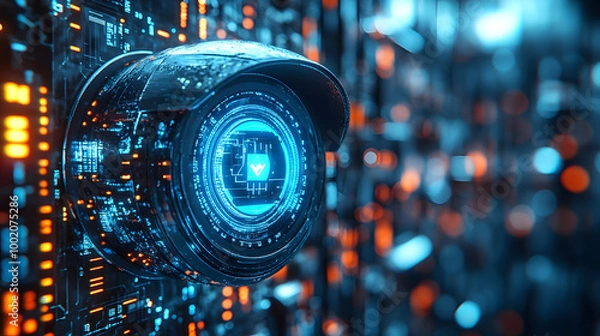 Fototapeta A Futuristic Security Camera with Glowing Blue Lights
