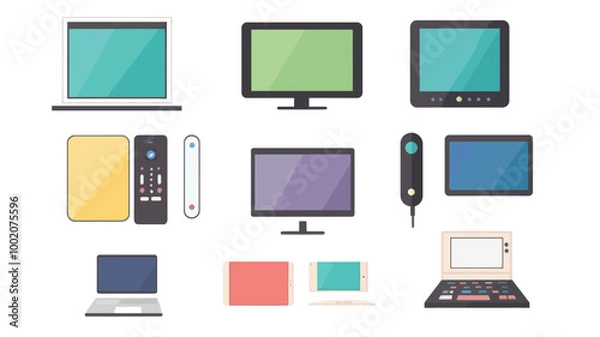 Fototapeta Flat Design Vector Set of Modern Digital Devices Including Laptops, Tablets, Smartphones, Monitors, and Remote Controls for Technology and Electronics Concepts