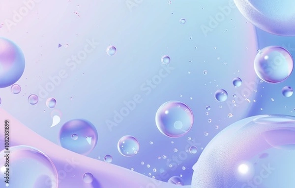 Fototapeta Soft pastel bubbles and pearls on a holographic, reflective background create a delicate atmosphere. Perfect for skincare product posters, invitations, or stylish cosmetic branding.