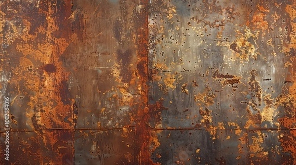 Fototapeta A panoramic view of a weathered metal surface featuring rust and corrosion with golden and bronze highlights. This industrial backdrop is perfect for use in design projects seeking.