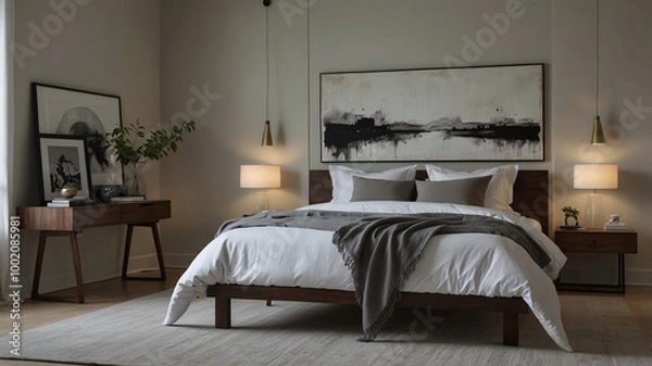 Fototapeta Stylish Modern Bedroom with Monochrome Artwork and Warm Lighting