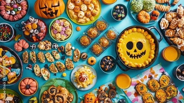 Fototapeta A colorful spread of Halloween-themed food, featuring spooky treats and creatively designed dishes for the holiday celebration