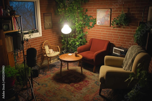 Fototapeta Podcast Studio Setup with Cozy Seating and Modern Tech