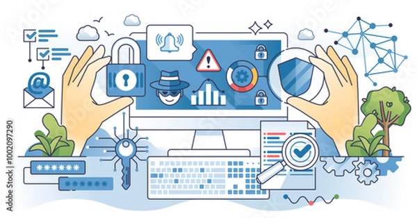 Fototapeta Cybersecurity dictionary and network security terms outline hands concept, transparent background.
