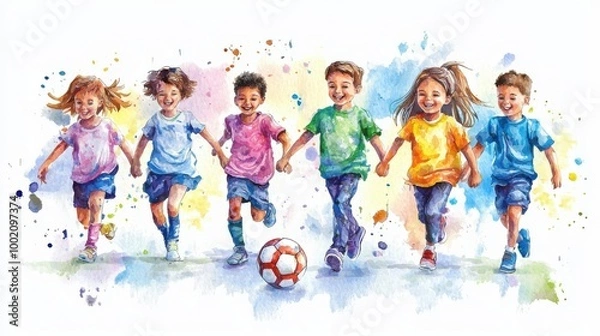 Fototapeta A vibrant watercolor illustration of children joyfully running while holding hands, capturing the essence of childhood fun.