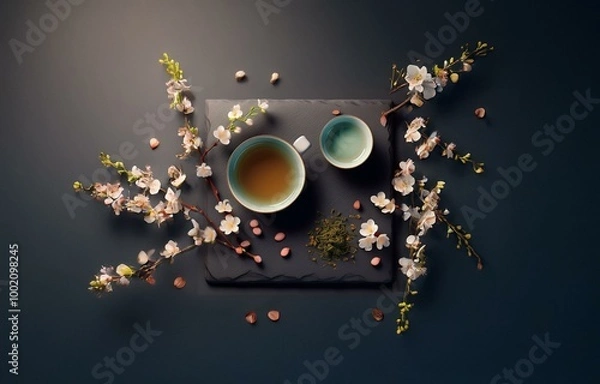 Fototapeta A slate surface features two ceramic bowls, one filled with tea, surrounded by delicate white blossoms and loose tea leaves.