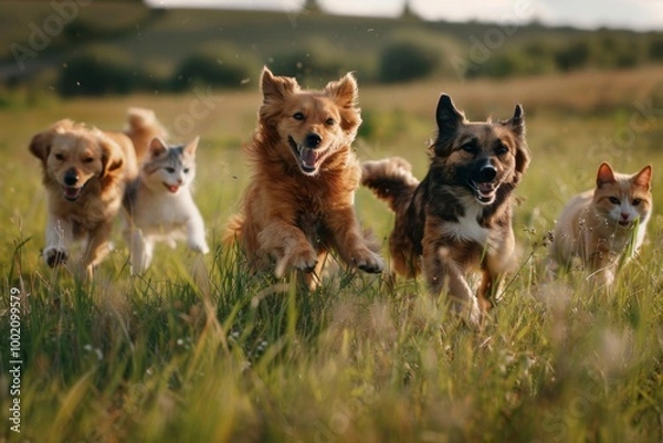 Obraz A dog and a cat running together down a path, their playful expressions capturing a moment of joy and companionship in an outdoor setting with dynamic energy of the scene.