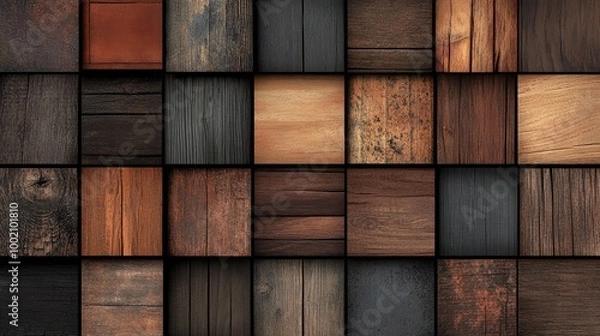 Fototapeta mosaic of dark wooden panels in varying sizes and shades, featuring rich textures and earthy tones