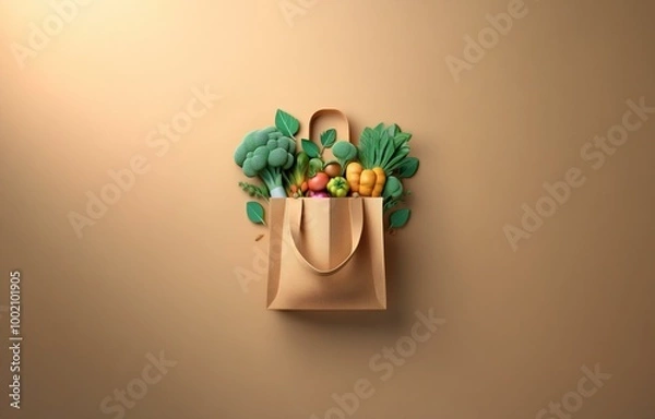 Fototapeta A brown paper bag filled with fresh produce, including broccoli, carrots, and peppers, sits on a beige background.