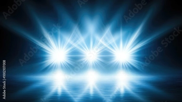 Fototapeta Bright stage light with reflection on the floor, creating a spotlight effect on a blue background.


