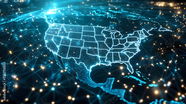 Fototapeta Digital map of USA, concept of North America global network and connectivity, data transfer and cyber technology, information exchange and telecommunication Generative AI