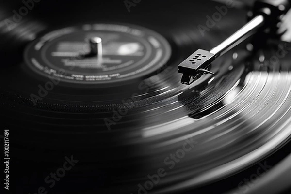 Fototapeta Close-up of a record player needle on a spinning vinyl record.