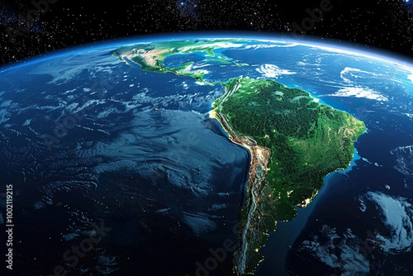 Fototapeta South America as seen from space with sunrise on planet Earth and stars. The continent's massive forest cover and the lights of big cities. Generated by artificial intelligence