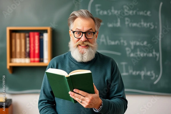 Fototapeta Professor holding a book while explaining wearing glasses on beige background