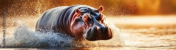 Fototapeta Massive warm-blooded hippo making a huge splash as it dives into a lake, powerful and energetic movement, water bursting in all directions, ultra-realistic details