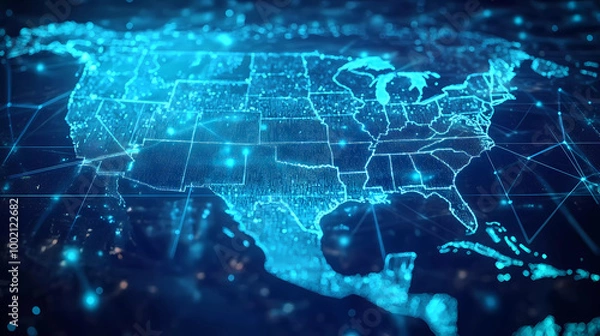 Fototapeta Digital map of USA, concept of North America global network and connectivity, data transfer and cyber technology, information exchange and telecommunication Generative AI