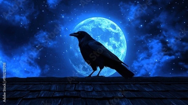 Fototapeta Silhouette of a raven against a full blue moon and starry night sky, creating a captivating and mysterious atmosphere.