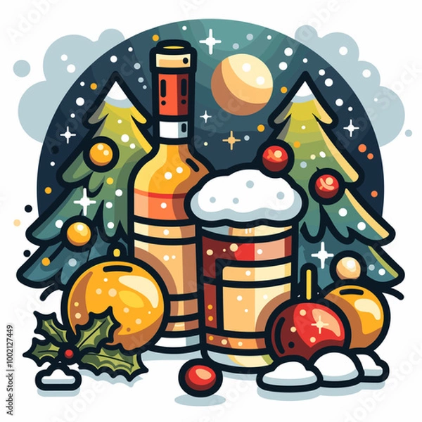 Fototapeta Merry Christmas and Happy New Year greeting card. Drinks for the New Year in beautiful glasses and decor.