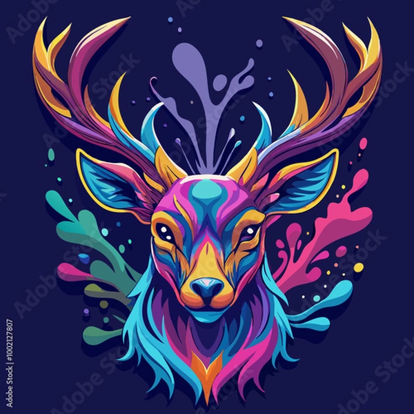 Fototapeta A colorful deer head with rainbow colors and a splash of water
