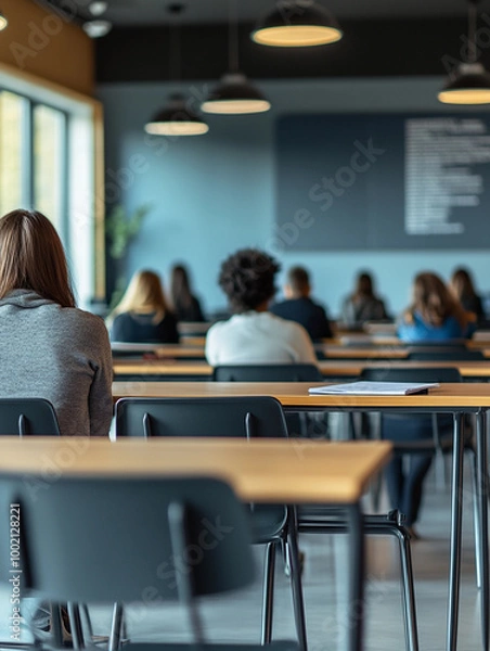 Fototapeta Portrait picture of a classroom filled with adult students watching a presentation for education with a few empty school desks, natural light and blurry background with space for text. Exam at school.
