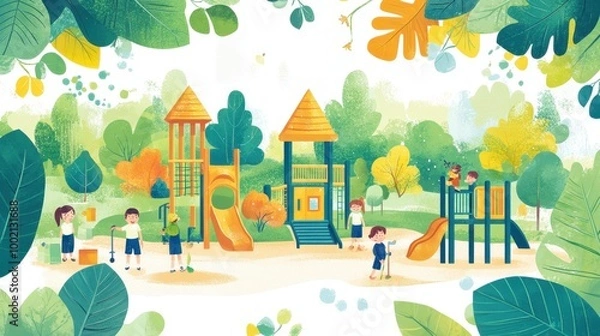 Obraz Cheerful School Playground with Children Playing