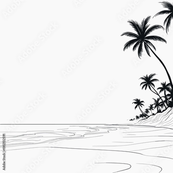 Fototapeta Minimalist Tropical Beach Landscape in Black and White Line Art