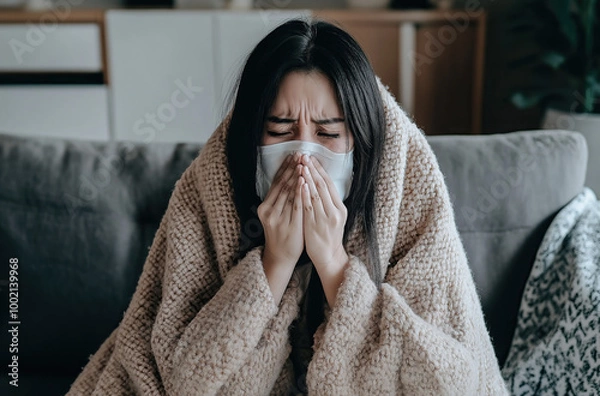 Fototapeta Sick Asian woman covered with a blanket, sitting on a sofa and sneezing into a handkerchief. Close-up of a cold, sick girl suffering from rhinitis while blowing her nose at home