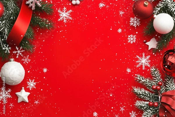 Fototapeta Red holiday background adorned with snowflakes and ornaments