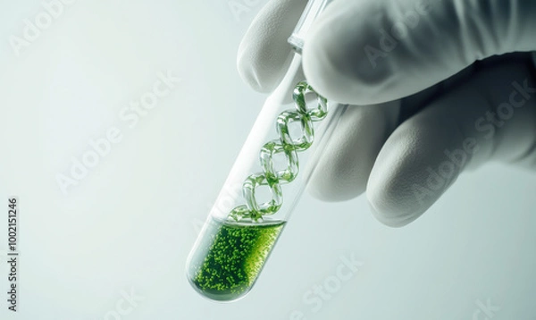 Fototapeta A person is holding a test tube with a green liquid inside