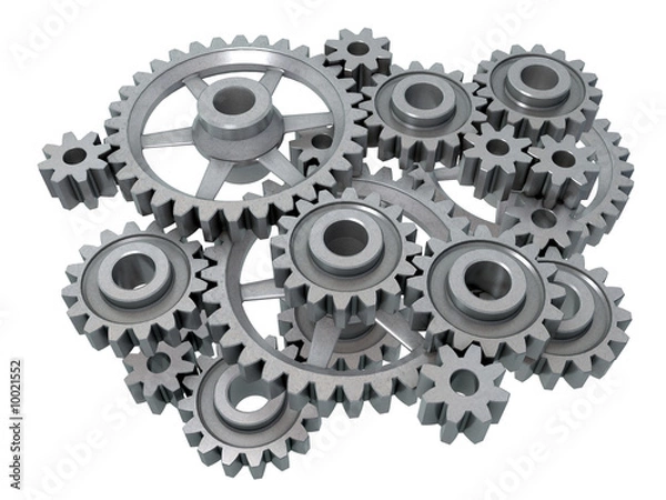 Fototapeta An isolated complex cogwheels mechanism on white background