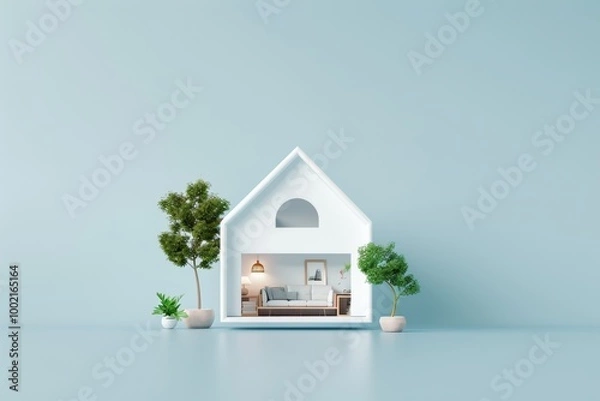 Fototapeta Modern 3D model of a house representing rental opportunities, showcasing inviting architecture, vibrant surroundings, and a welcoming atmosphere for potential tenants.