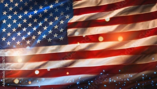 Fototapeta American flag is shown waving with digital effects including glowing particles. Futuristic hologram display of the American flag with vibrant colors and dynamic light effects. 