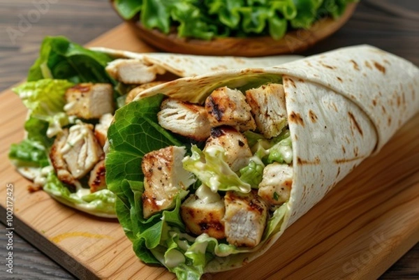 Fototapeta A fresh Caesar salad wrap with grilled chicken, romaine lettuce, croutons, and Caesar dressing, wrapped in a flour tortilla. Copy space