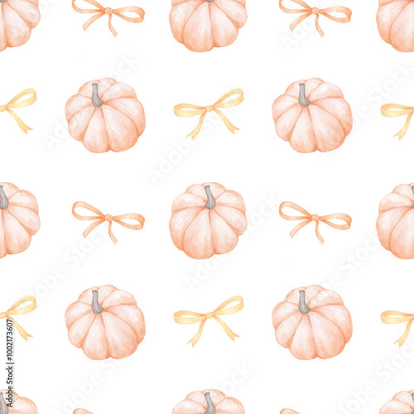 Fototapeta Red pumpkins and bows. Watercolor seamless pattern on white background for children's textiles and wrapping paper. Cute autumn illustration