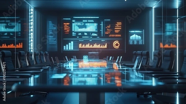 Fototapeta Futuristic Conference Room with Data Displays