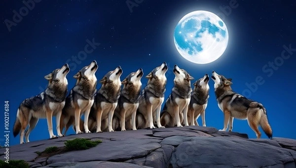 Fototapeta Immerse yourself in the enchanting atmosphere of a full moon night with this captivating image of a pack of wolves howling atop a rocky hill. 