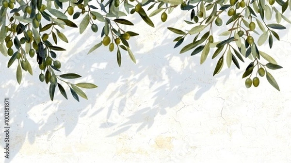 Fototapeta Olive Tree Branches with Soft Shadows on White Background