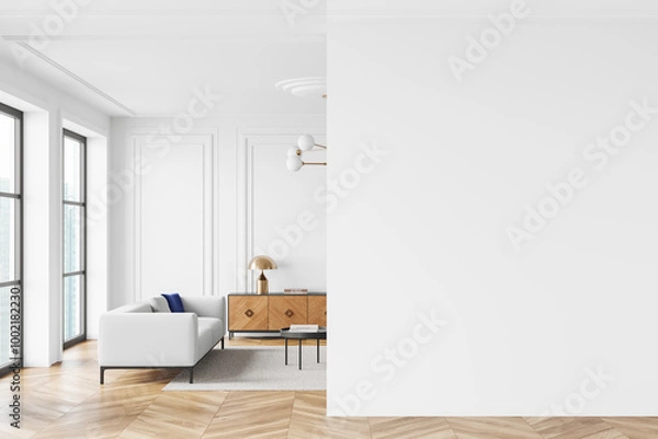 Fototapeta Modern living room with blank wall for mockup. 3D Rendering