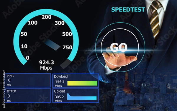 Fototapeta Businessman press button Internet Speed Test ,Upload Download speed test with modern design neon gauge, Internet speed test software and network performance. 
