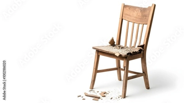 Fototapeta Closeup of a dilapidated vintage wooden chair with a cracked and splintered seat and legs isolated on a plain white background  The old worn furniture piece conveys a sense of decay and abandonment