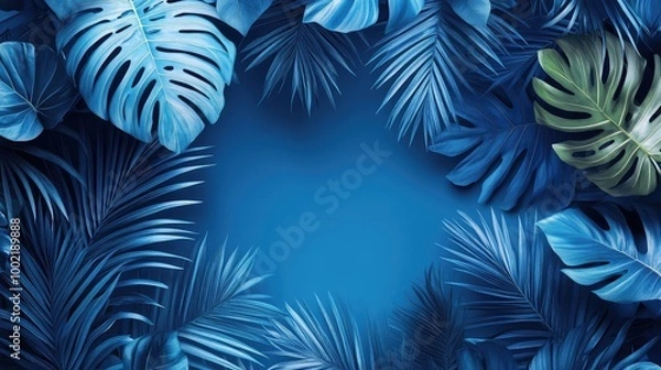 Fototapeta Botanical Banner with Tropical Palm Leaves in Blue Tones for Wallpaper, Print, Decor, Packaging, and Design Projects