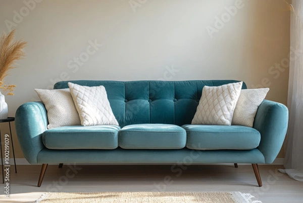 Fototapeta A teal blue velvet three-seater sofa with wooden legs, white textured pillows on the couch, facing the camera in an empty living room with neutral tones & soft lighting, in a modern minimalist style.