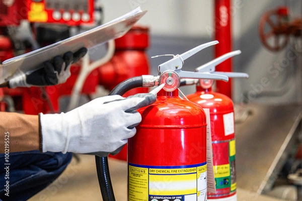 Fototapeta Engineer are checking and inspection a fire extinguishers tank in the fire control room for safety training and fire prevention.