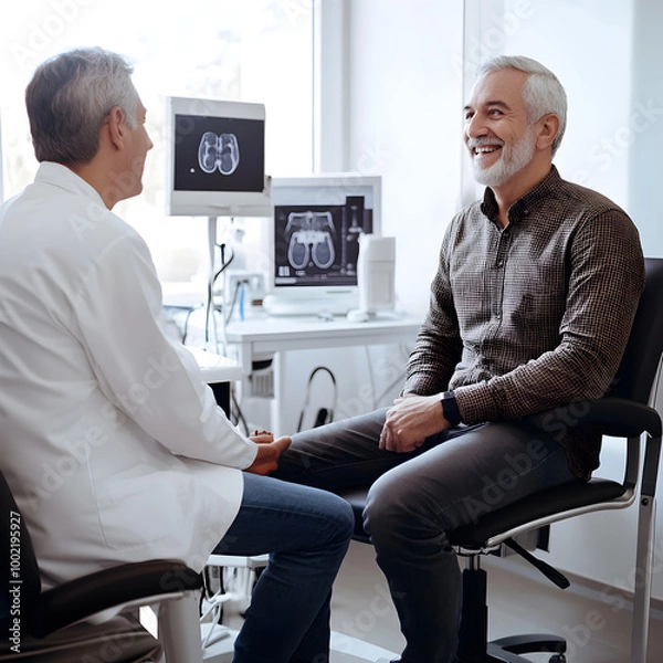 Fototapeta Senior patient smiling during medical consultation with urologist in clinic