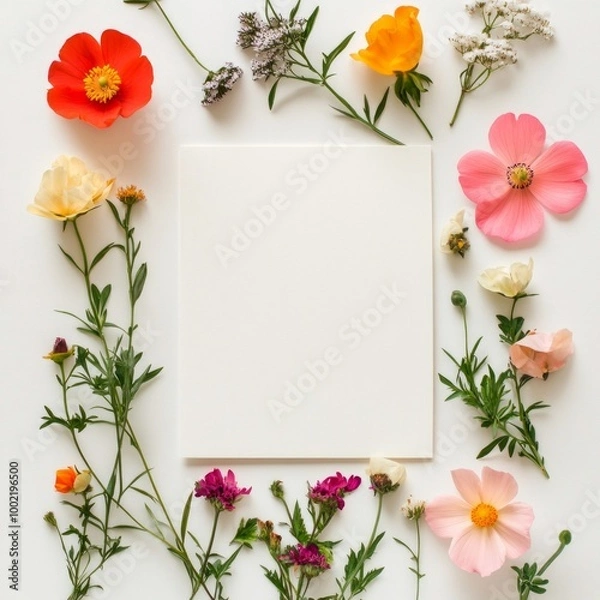 Fototapeta Blank card with flowers. Abstract organic flowers isolated on white background.