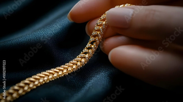 Fototapeta A close-up of a stunning gold bracelet being held gently, showcasing its intricate design against a soft black fabric background.